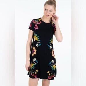 Desigual Womens Painted Multicolor Black Tropical Floral Dress XS Wearable Art